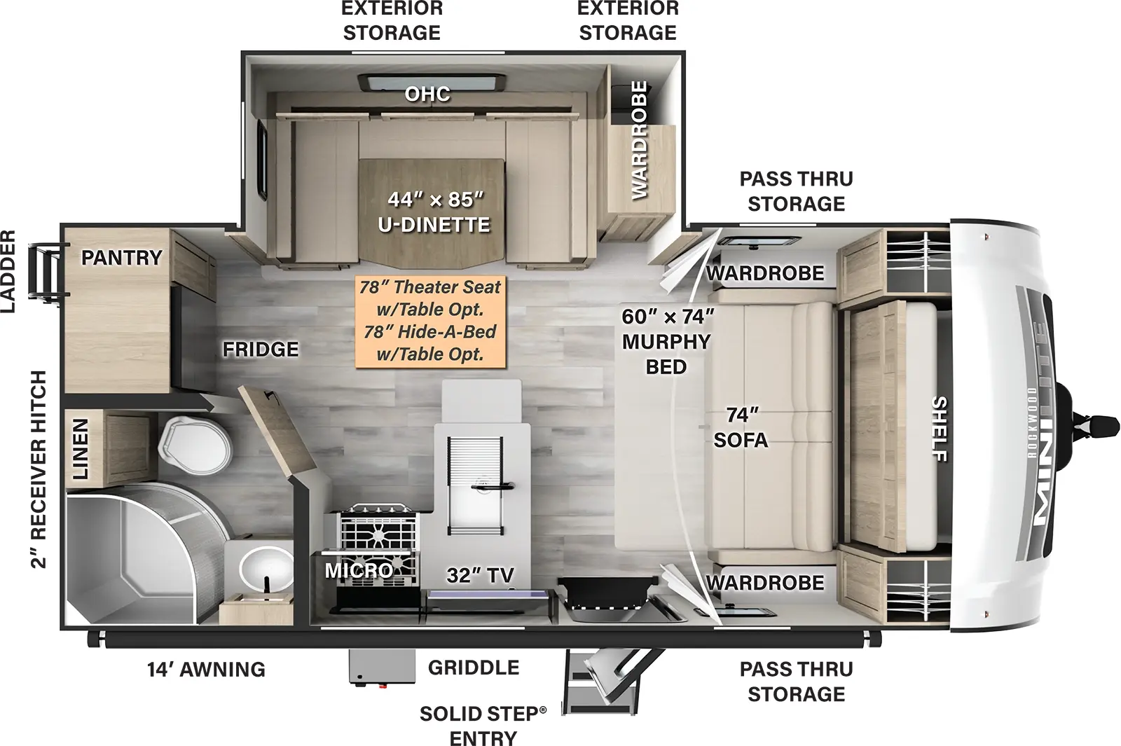 The 2104S has one slide out and one entry. Exterior features a 14 foot awning, front pass thru storage, solid step entry, griddle, rear ladder, 2" receiver hitch, and off-door side exterior storage. Interior layout front to back: murphy bed/sofa with shelf above and wardrobes on each side; off-door side slide out with wardrobe, u-dinette (theater seat with table or hide-a-bed sofa with table optional), and overhead cabinet; entry door, and peninsula counter with sink wraps to door side with TV, microwave and cooktop; rear door side full bathroom with linen closet; rear off-door side refrigerator and pantry.